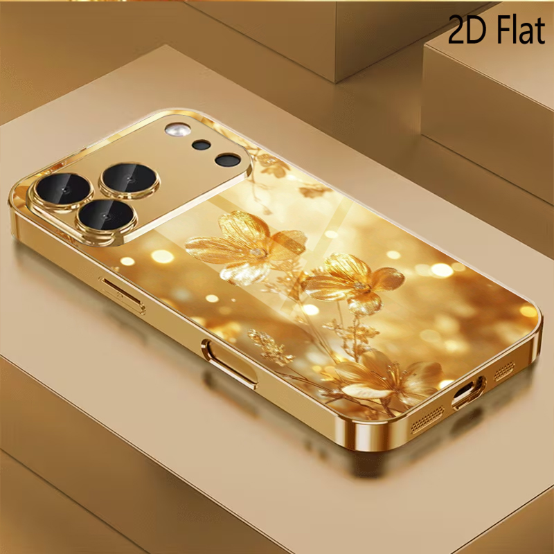Phone Cases With Camera Cover - 골든 플라워 패턴 강화유리 디자인 아이폰16
