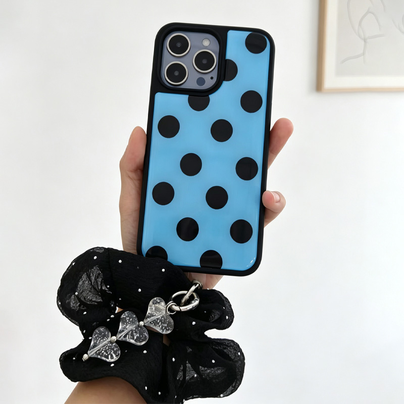 Phone Cases With Charms - 블루 블랙 폴카 도트 폰 케이스,