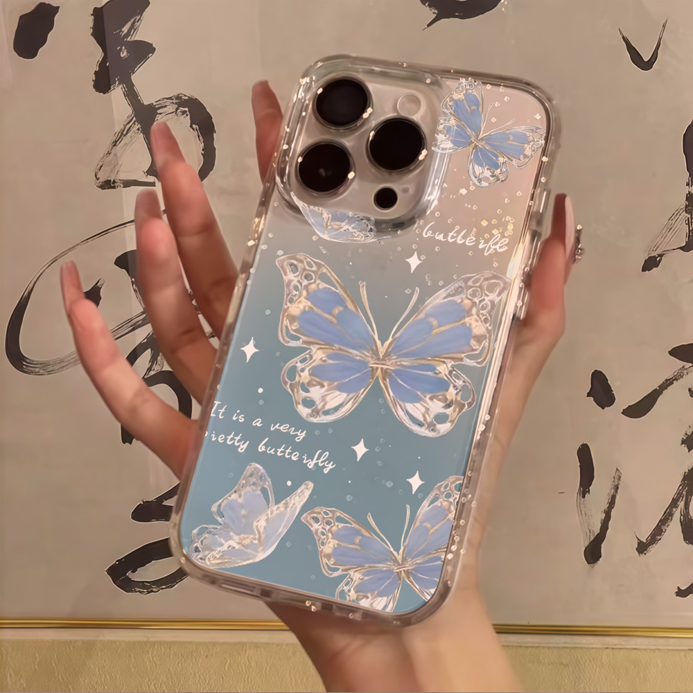 Phone Cases Blue - 럭셔리 블루 버터플라이 투명 글리터 폰