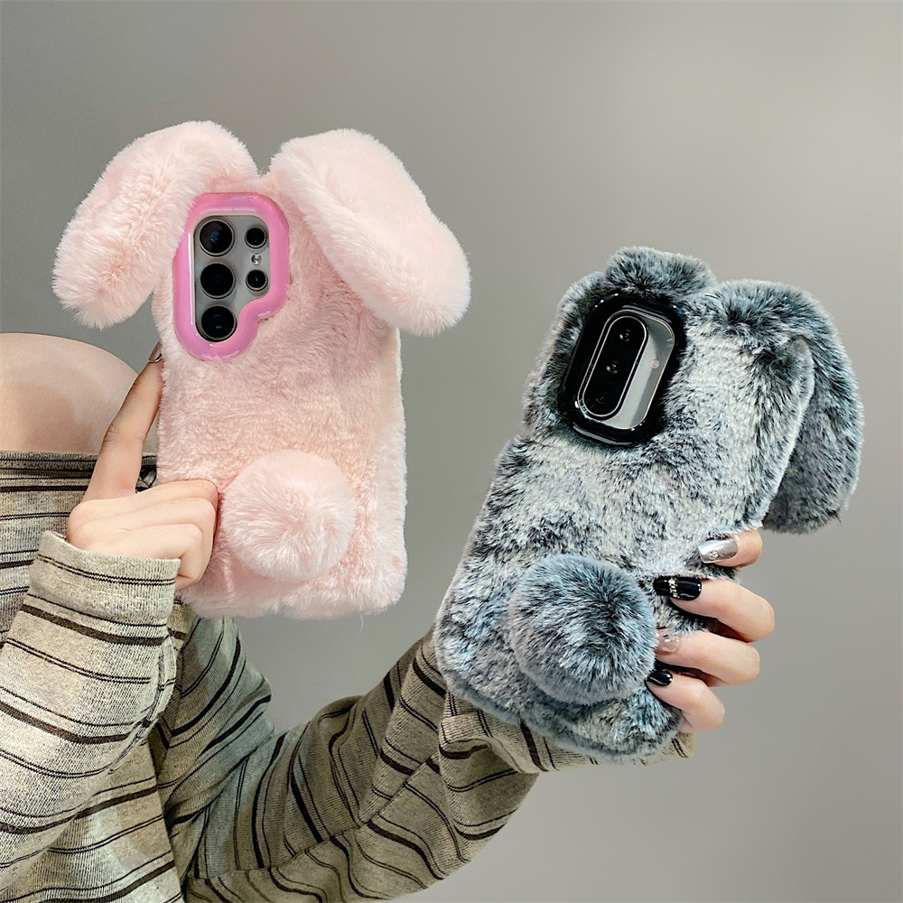 Phone Cases With Camera Cover - 귀여운 토끼 귀 플러피 스탠드 폰