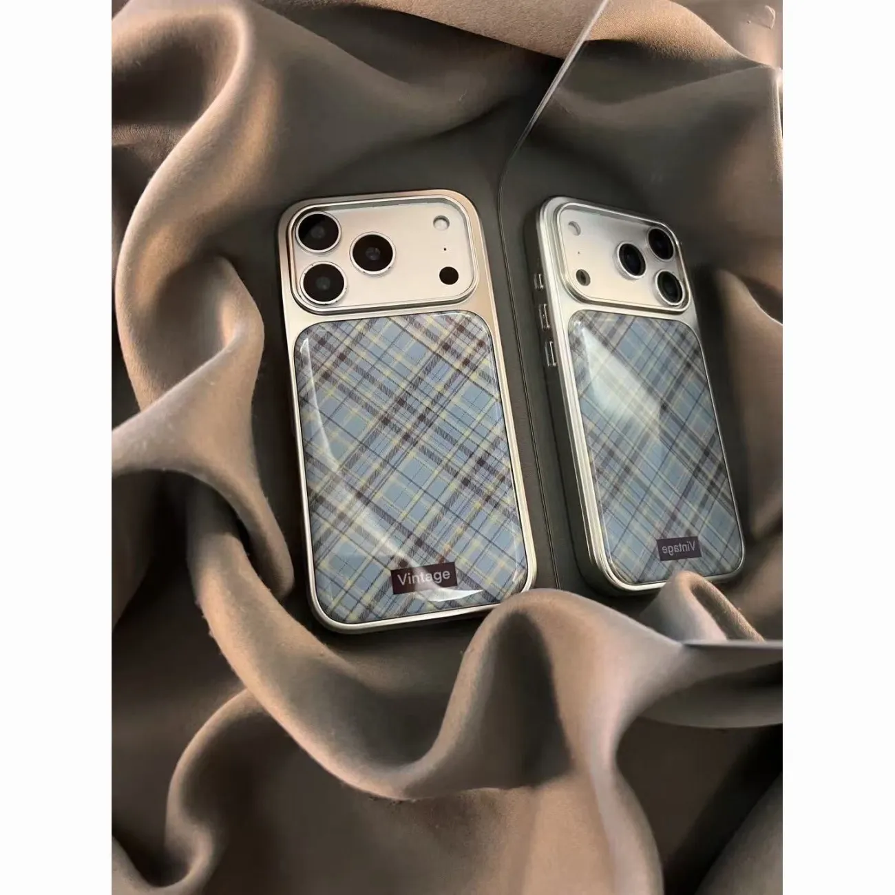 일본 및 한국 인스 레트로 블루 브라운 체크 패션 폰  - Phone Cases Blue 리뷰 및 가격